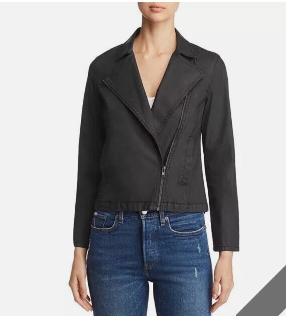 EILEEN FISHER Black Biker Jacket Organic Cotton Stretch Asymmetrical Zipper 2XS